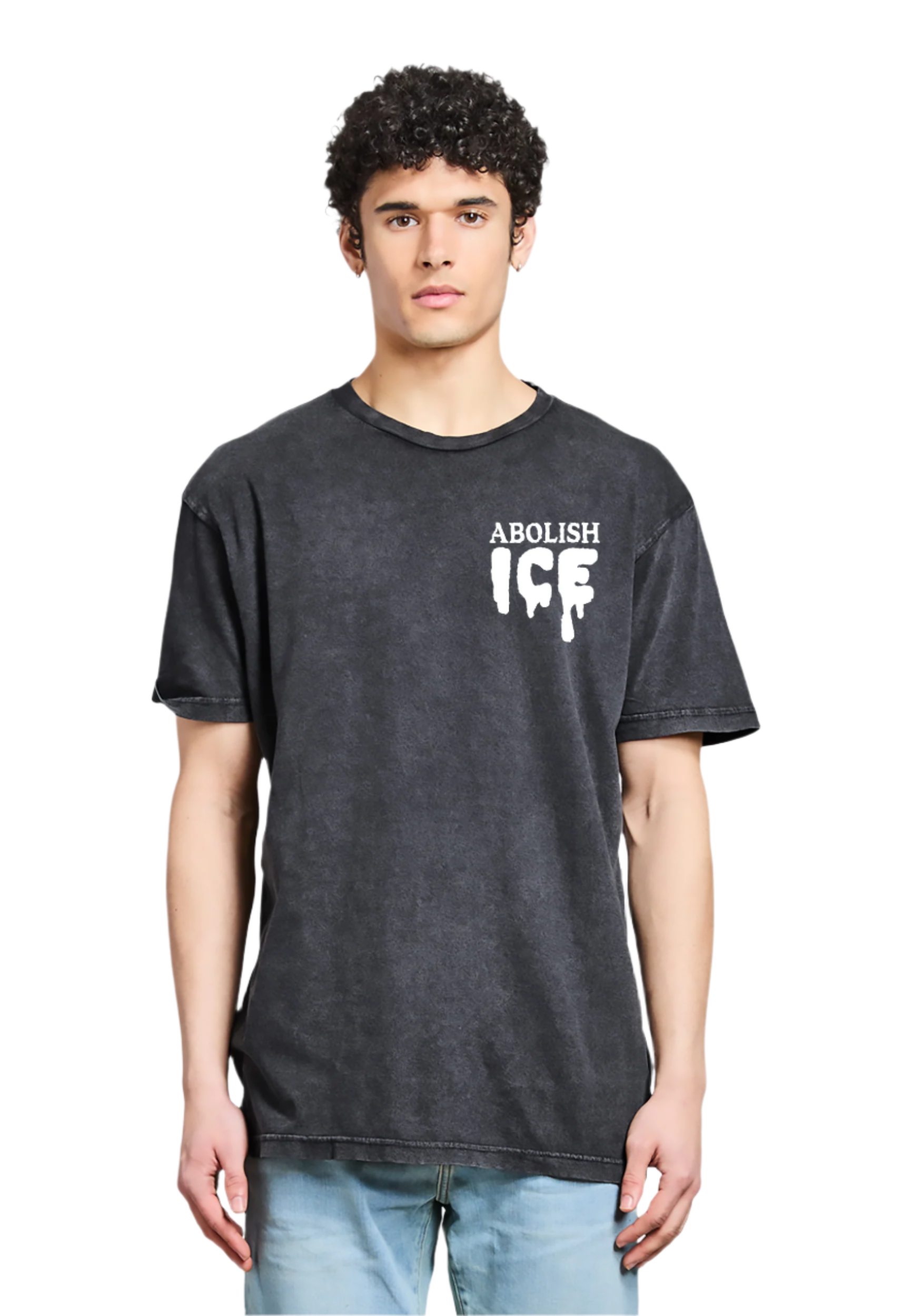 Person wearing a black t-shirt with 'ABOLISH ICE' text on a white background