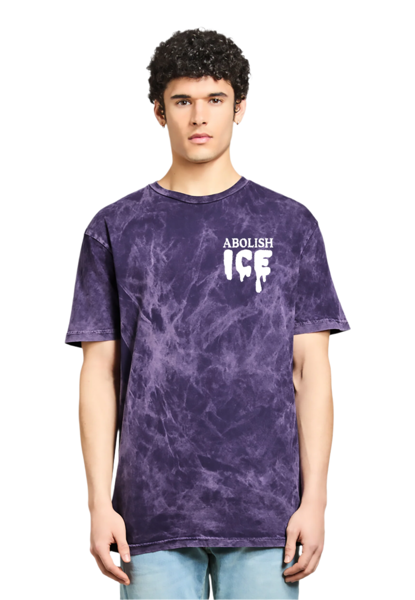 Person wearing a purple tie-dye t-shirt with 'Abolish ICE' text on a white background