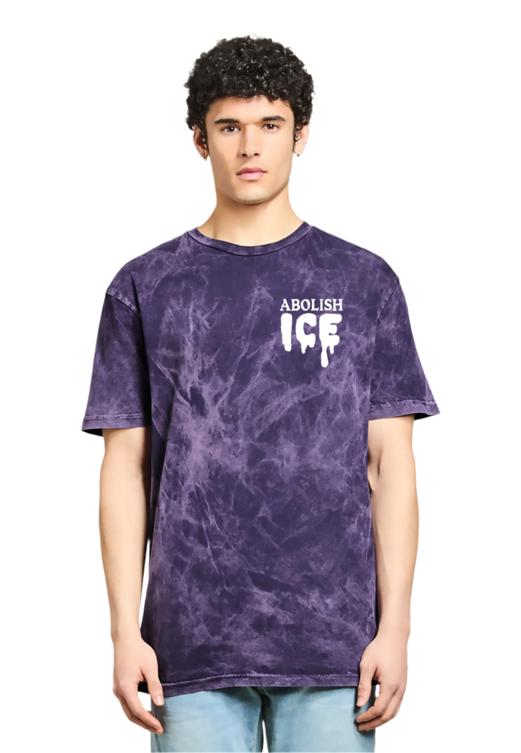 Person wearing a purple tie-dye t-shirt with 'Abolish ICE' text on a white background