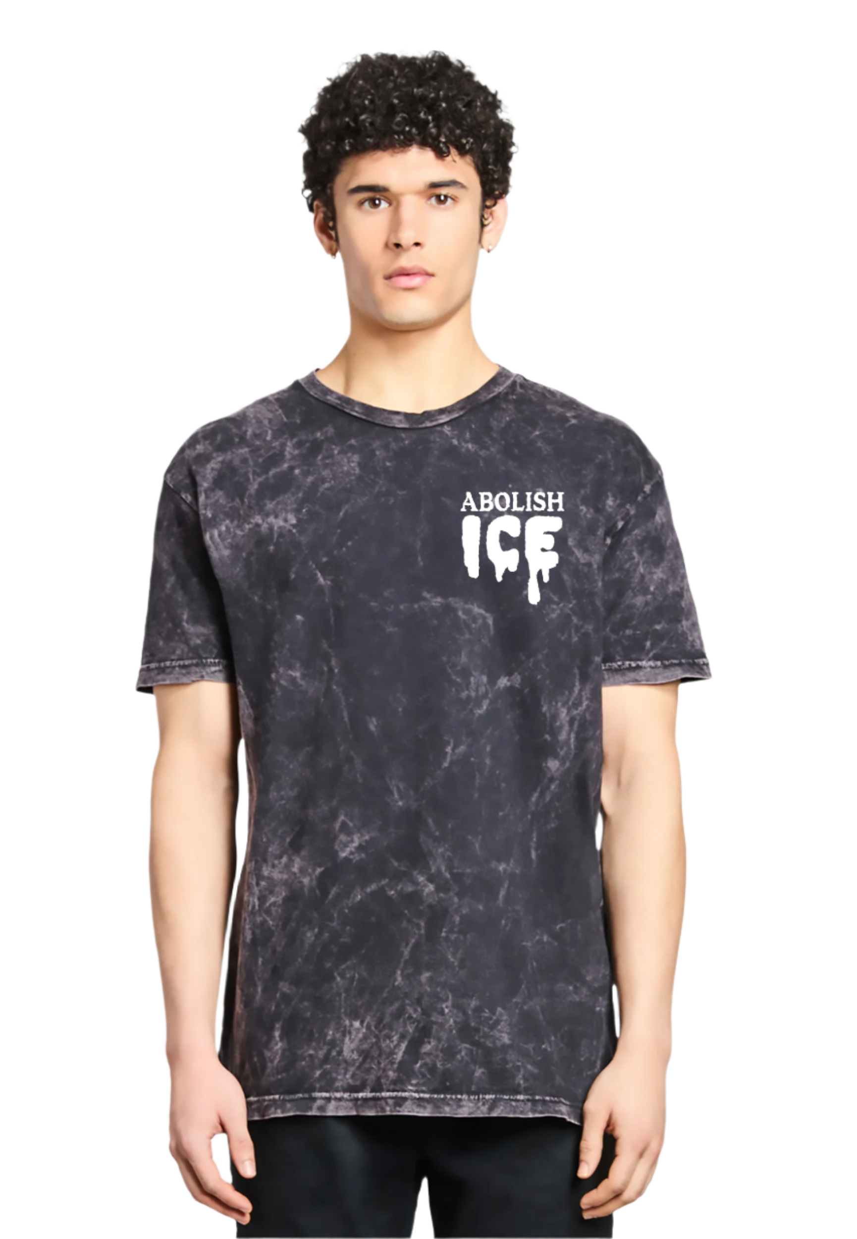 Person wearing a black tie-dye t-shirt with 'ABOLISH ICE' text on a white background